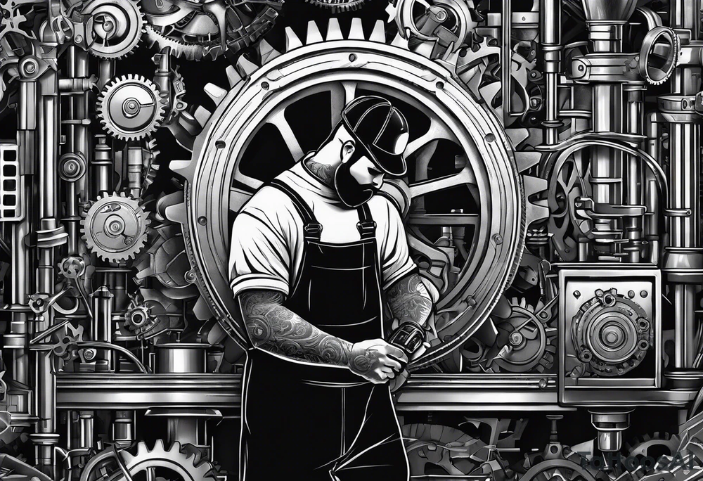 Create a silhouette of am industrial mechanic working on a machine, surrounded by mechanical elements like gears and tools. No grays , no shadows tattoo idea