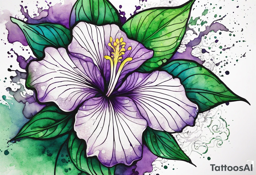 A mystical outline of a rio dipladenia flower and a green and purple watercolor splash in the background tattoo idea