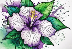A mystical outline of a rio dipladenia flower and a green and purple watercolor splash in the background tattoo idea