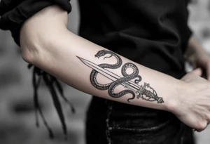 mystical snake coiled around an ancient dagger with jeweled hilt tattoo idea