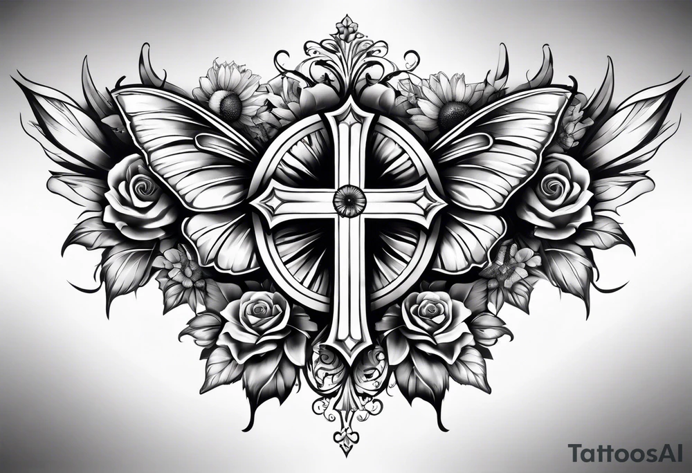 Arm sleeve with Winged cross with sunflower and butterflies tattoo idea