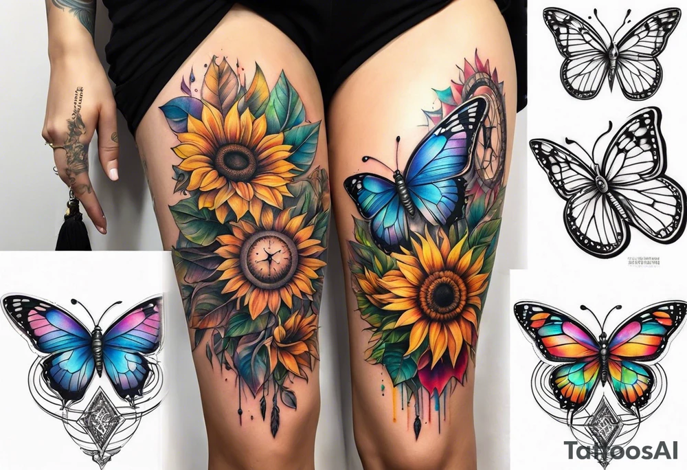 Quarter Leg sleeve with dreamcatcher, rainbow sunflowers and one butterfly tattoo idea