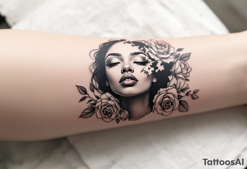 Broken black woman pieced back together surrounded by roses tattoo idea