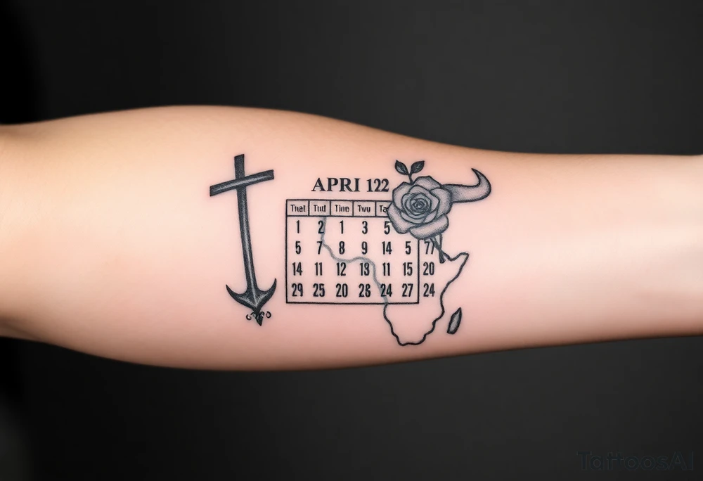 Calendar with the date 12th of April with a cross, rose, Spanish bull and the outline of Africa tattoo idea