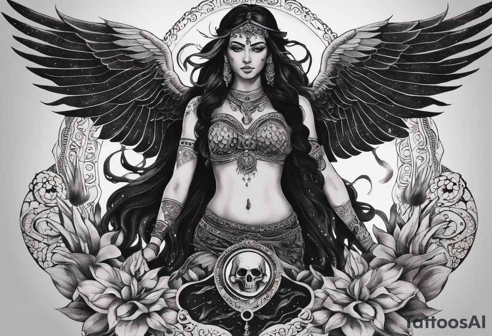 black kali, goddess pirate, alien, angel, pachamama, valkrye, warrior, flying, skull, lotus azul, wing, eagle, zenza resonance, stars, 5D, anahata chakra, death, durga, riding on a tiger, flying lady, chest tatoo tattoo idea