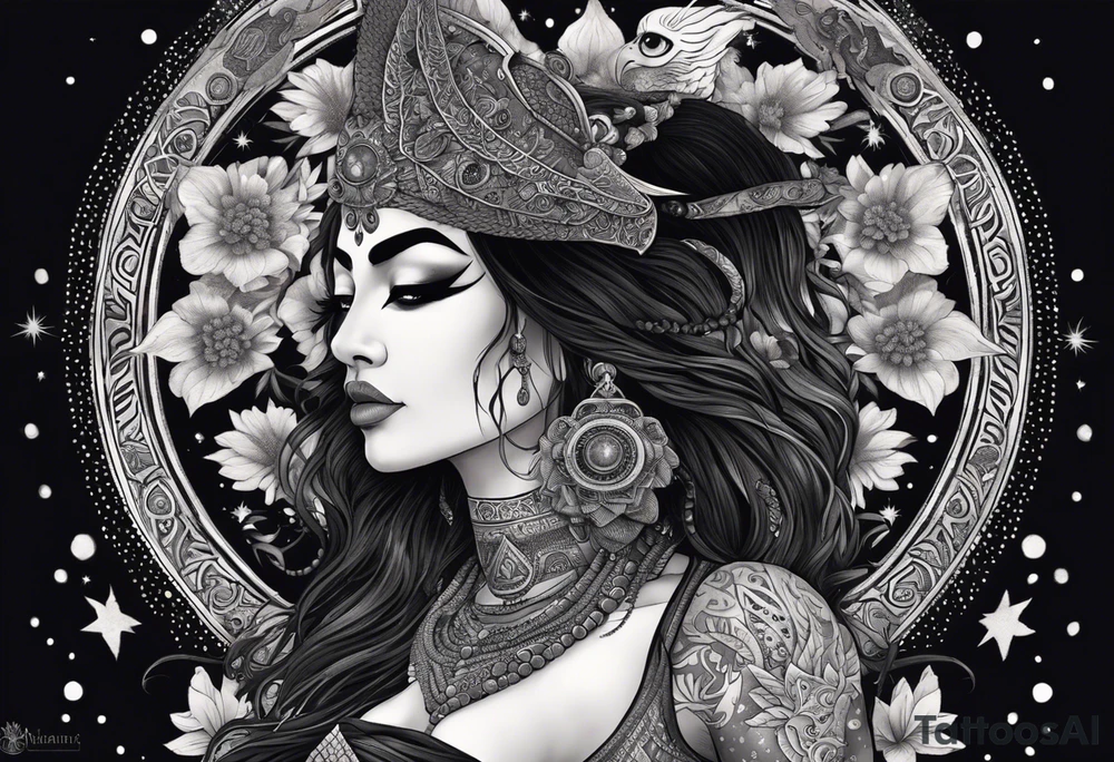 black kali, goddess pirate, alien, angel, pachamama, valkrye, warrior, flying, skull, lotus azul, wing, eagle, zenza resonance, stars, 5D, anahata chakra, death, durga, riding on a tiger, flying lady, kundalini, chest tatoo, samuri, rebel,serpent tattoo idea