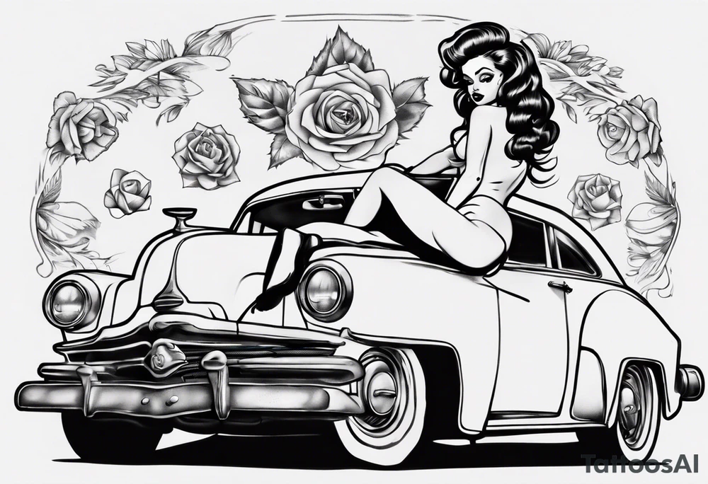 Pinup doll sitting on the hood of an old vintage car tattoo idea