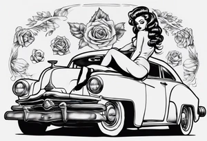 Pinup doll sitting on the hood of an old vintage car tattoo idea