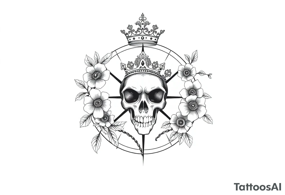 Compass with detailed beautiful gothic boho flowers on vine and skull with gorgeous crown tattoo idea
