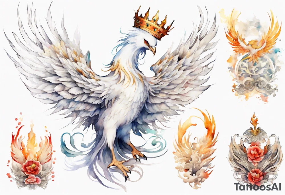 a white phoenix wearing a crown tattoo idea