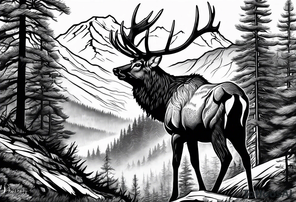 sleeve pine tree moutain elk tattoo idea
