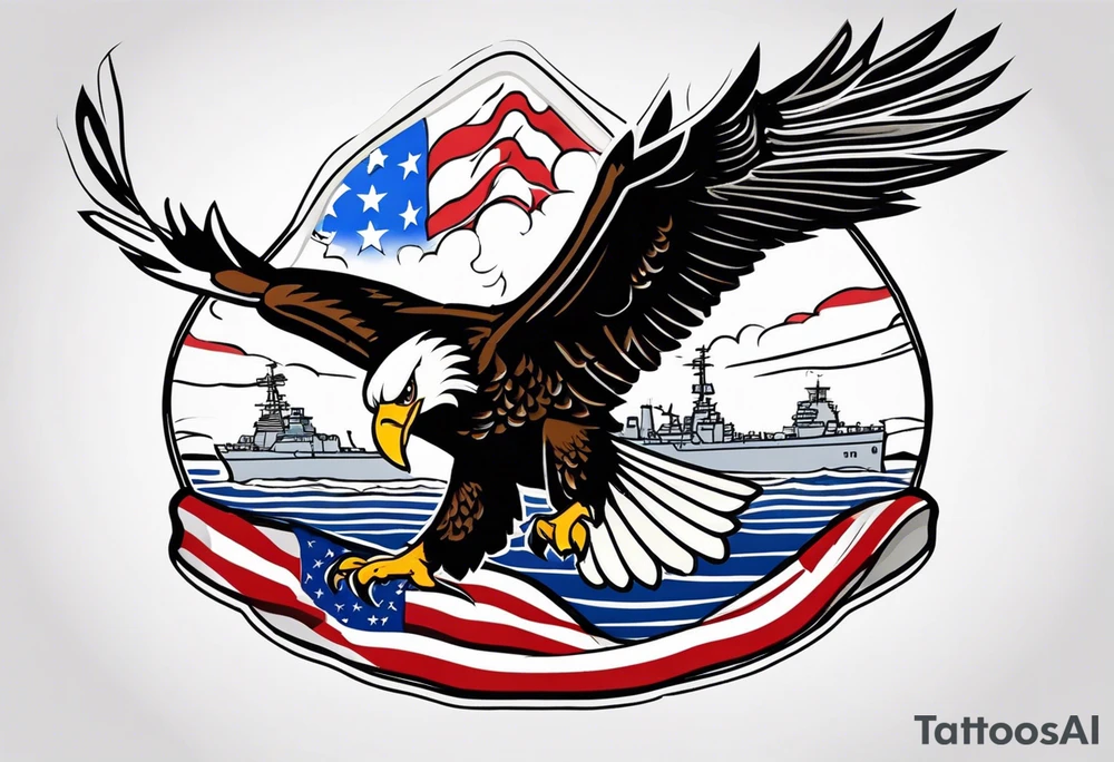 eagle flying in front of USS Nimitz holding American flag in beak tattoo idea