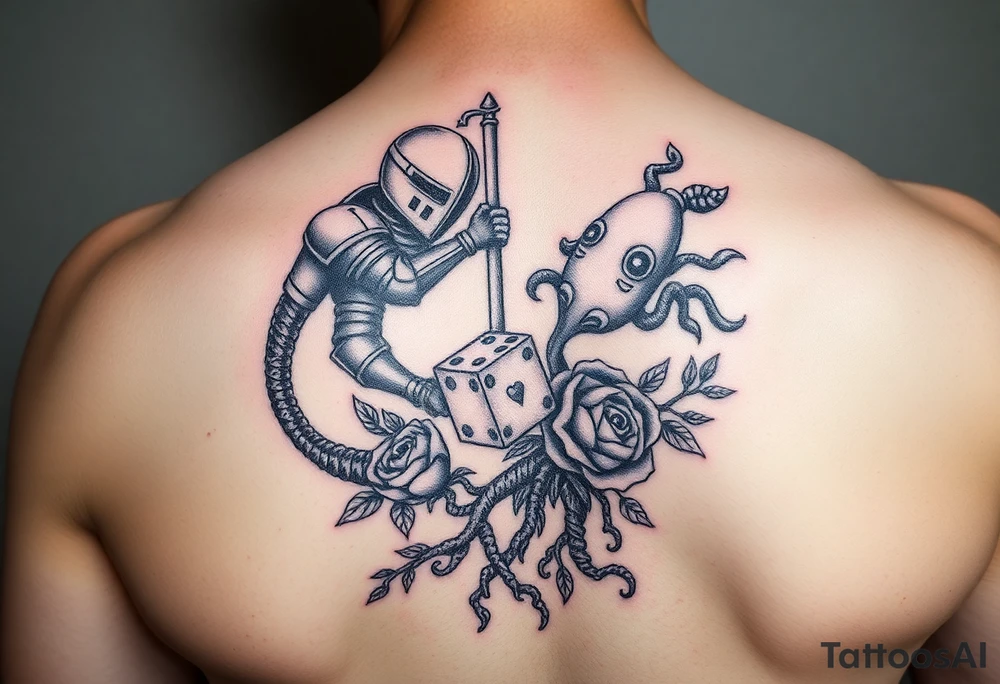 knight and squid intertwined with tree roots and roses rolling dice tattoo idea