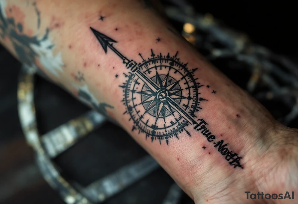 Rustic half compass with a long native American arrow pointing at my wrist with the words “True North” and says "Isaiah 40:31" tattoo idea