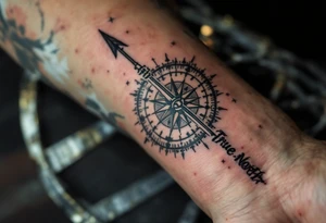 Rustic half compass with a long native American arrow pointing at my wrist with the words “True North” and says "Isaiah 40:31" tattoo idea