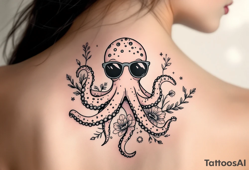 cute octopus, wearing sunglasses, friendly, surrounded by floral ornaments and oceanic items tattoo idea