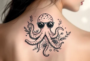 cute octopus, wearing sunglasses, friendly, surrounded by floral ornaments and oceanic items tattoo idea