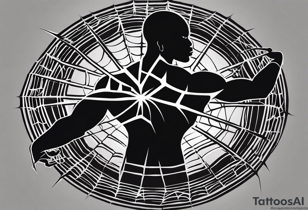 Design a powerful inner bicep tattoo for a dark-skinned black male featuring Anansi the Spider from Ghanaian mythology. Anansi is depicted weaving a web made from bright, crackling lightning bolts. The web extends outward from the center of the design, creating an intricate, flowing pattern. The lightning web should be sharp and dynamic, symbolizing energy and power, while Anansi sits calmly at the center, representing wisdom and control.

The spider should have a stylized, bold appearance, with strong, clean lines that stand out on dark skin. The lightning bolts in the web should feature bright, vivid colors like electric blue or white, contrasting well against the dark skin tone. Surrounding the web, subtle clouds or storm elements should fade into the background to create depth and dimension without overpowering the central design. Ensure that the web and lightning bolts are the primary focus, with fine detail that reflects both strength and intellect.”
Inner bicep tattoo idea