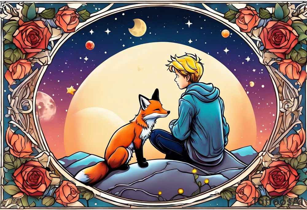 The Little prince sitting on his planet toghether with the fox on his planet besides his rose. Both are watching into the sky tattoo idea