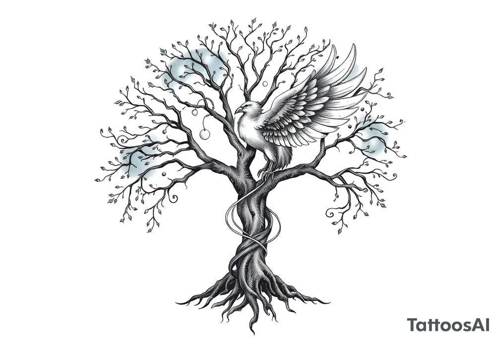 Tree of life with phoenix and northern lights tattoo idea