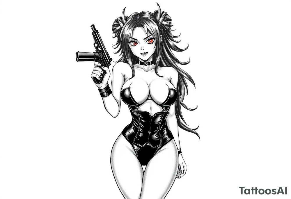 succubus, slut, anime, holding gun, black, leather bikini, angry tattoo idea