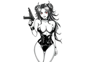 succubus, slut, anime, holding gun, black, leather bikini, angry tattoo idea