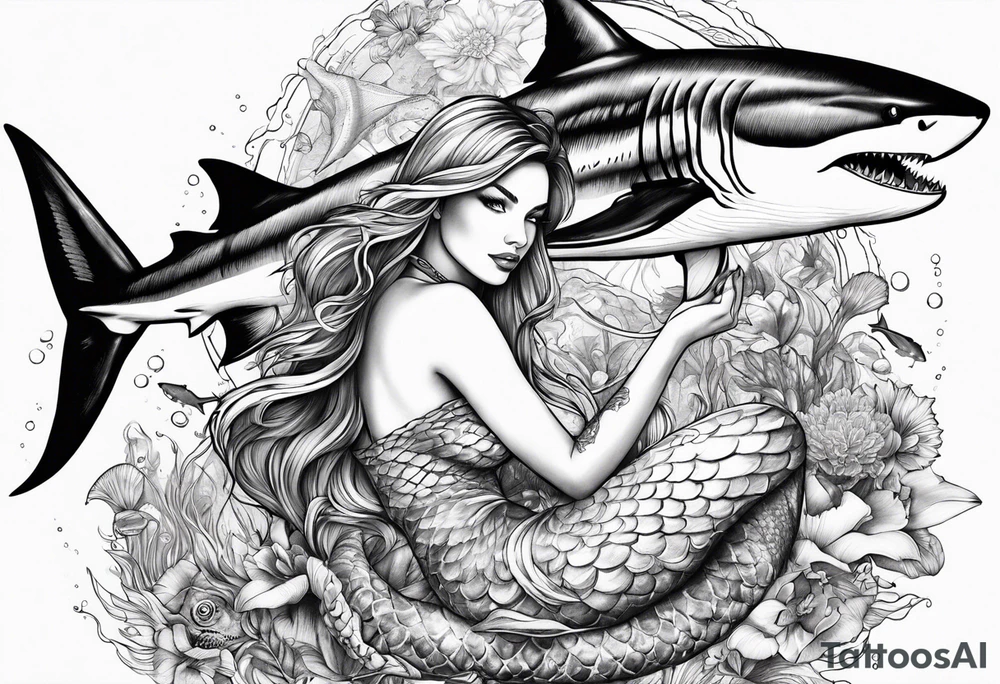 Mermaid with great white shark and tiger shark tattoo idea