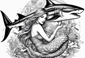 Mermaid with great white shark and tiger shark tattoo idea