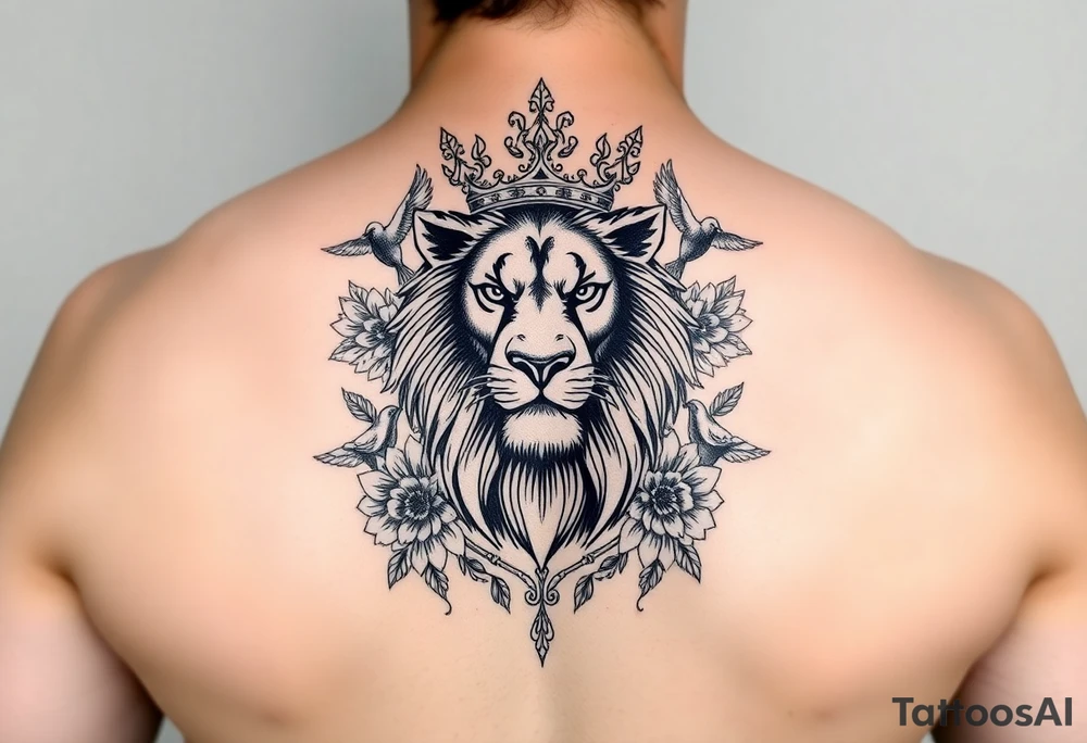 powerful majestic lion with a crown, surrounded by floral ornaments and birds tattoo idea