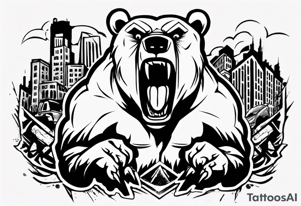 Angry bear coming up behind a city tattoo idea