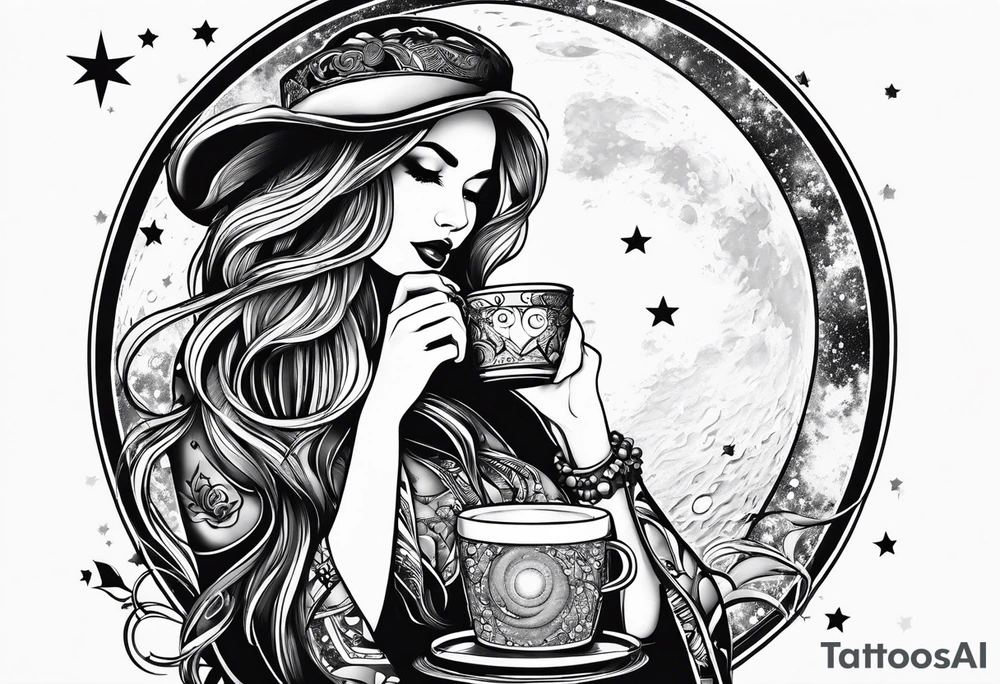 beautiful girl drinking coffee on the moon tattoo idea