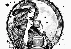 beautiful girl drinking coffee on the moon tattoo idea