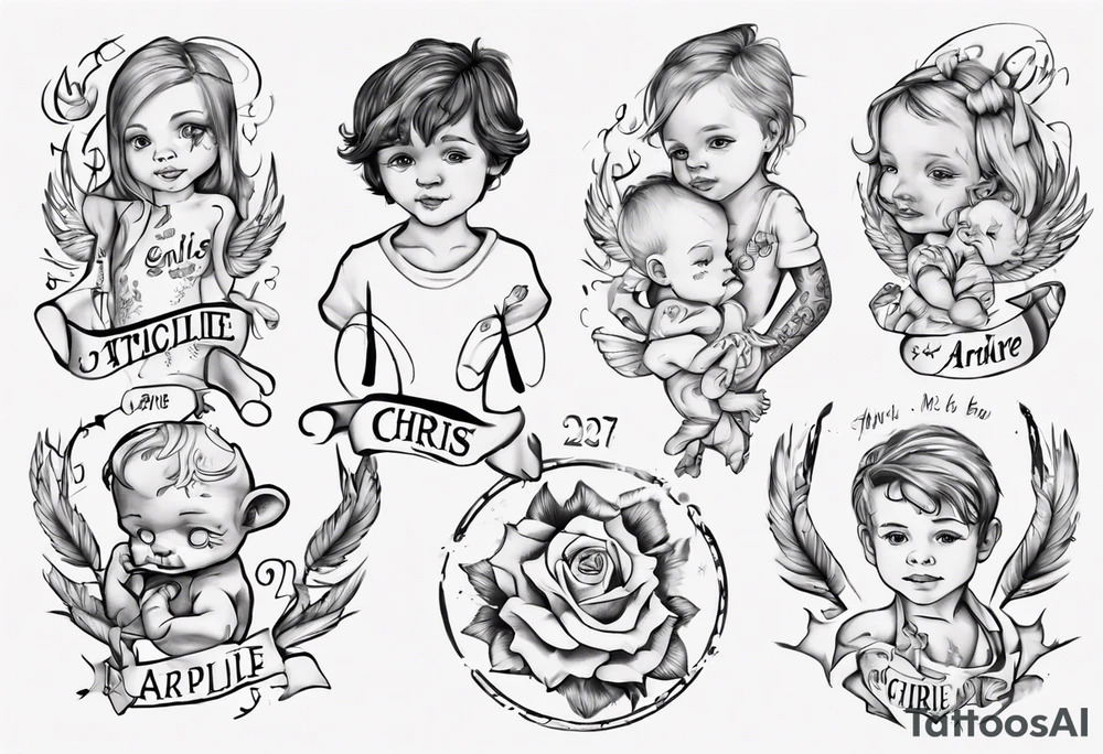 tattoo with names of kids, the names are Chris André, he is a boy and he is born 23. April 2016, and the other kid is named Emilie, she is a girl and is born 27. march 2021. tattoo idea