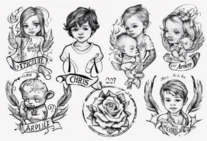 tattoo with names of kids, the names are Chris André, he is a boy and he is born 23. April 2016, and the other kid is named Emilie, she is a girl and is born 27. march 2021. tattoo idea