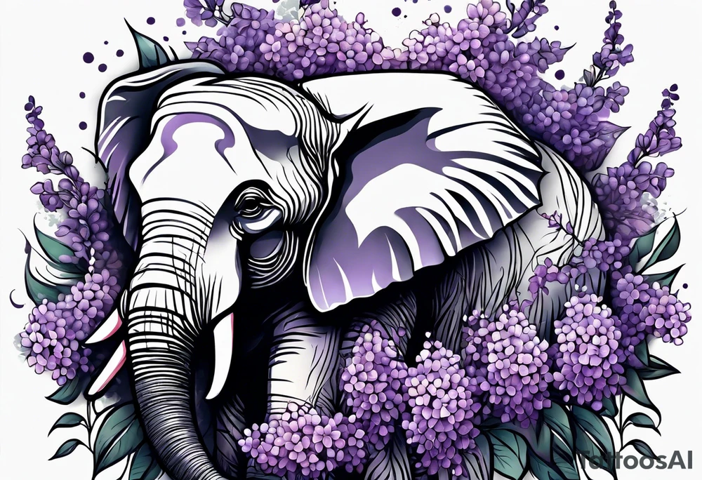 Elephant face half covered with lilacs tattoo idea