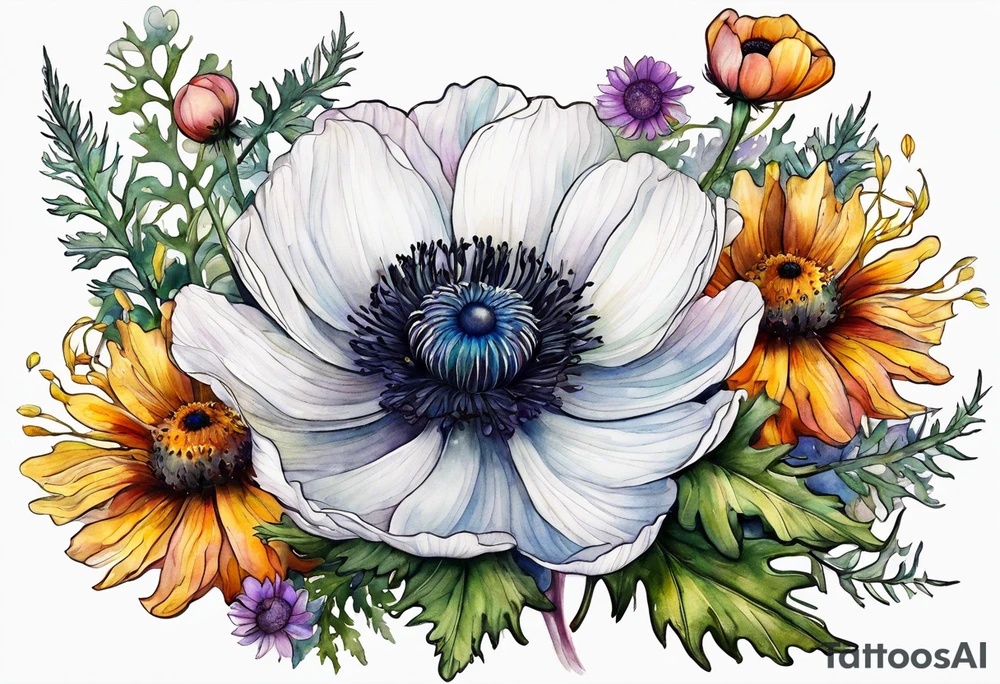 a white anemone with black center with cascading mixed colorful wildflowers all with different shapes including thistles, ferns, ranuculus, and sun flowers all in watercolor tattoo idea