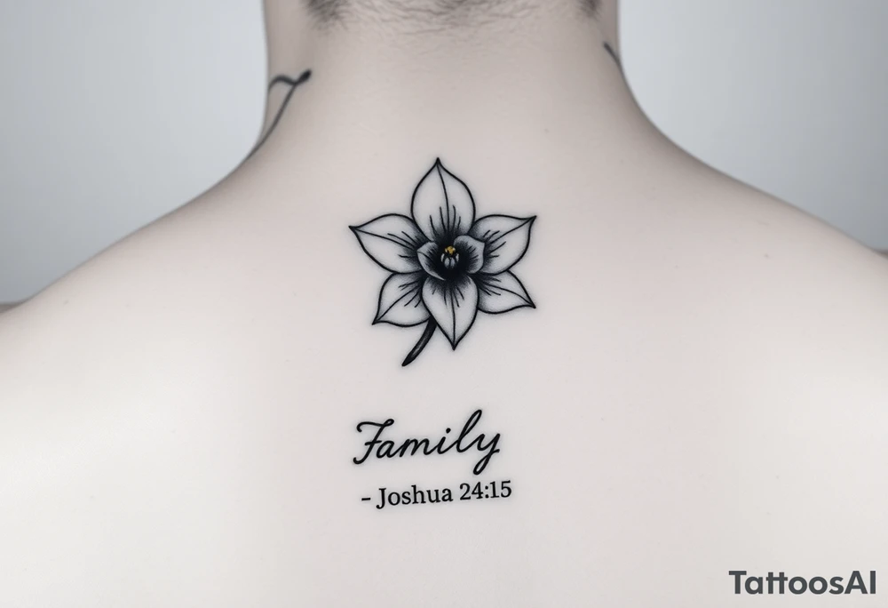 fine-line narcissus flower on my inner wrist, with the stem flowing down into the word Family in soft cursive, and Joshua 24:15 in tiny clean text underneath. photo of it tattoo idea