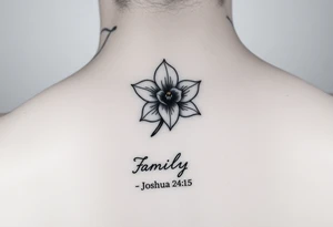 fine-line narcissus flower on my inner wrist, with the stem flowing down into the word Family in soft cursive, and Joshua 24:15 in tiny clean text underneath. photo of it tattoo idea