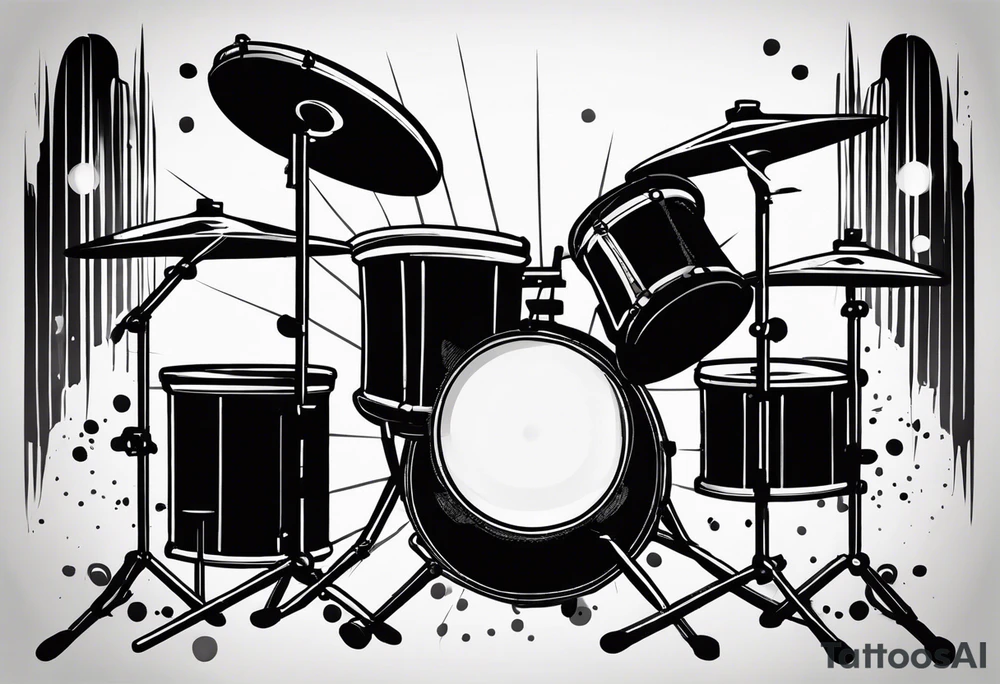 Stylized drums with sticks crossing over them, and a burst effect in the background to represent the energy of playing. tattoo idea