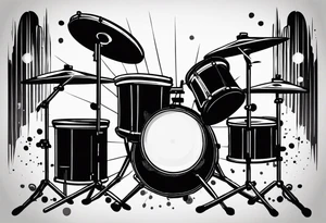 Stylized drums with sticks crossing over them, and a burst effect in the background to represent the energy of playing. tattoo idea