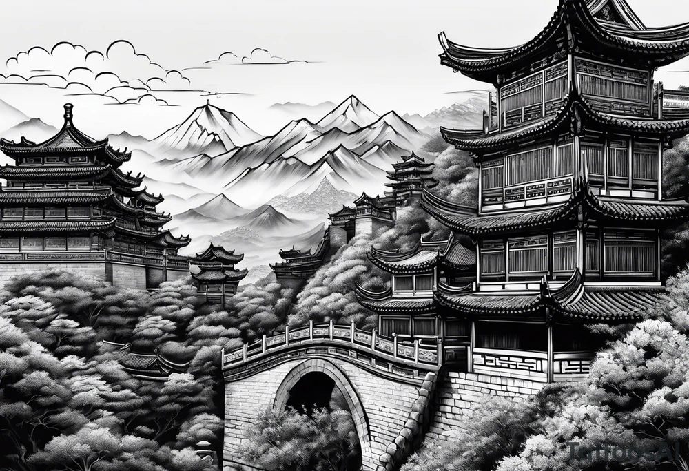 Chinese wall, realistic,chinese art, buildings, surroundings tattoo idea