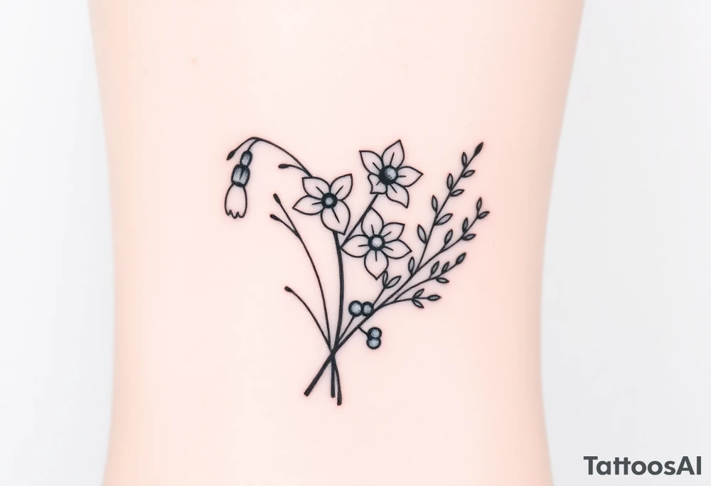 Bouquet of birth months flowers Lilly of the valley, daffodil, larkspur and Ilex aquifolium with berries tattoo idea
