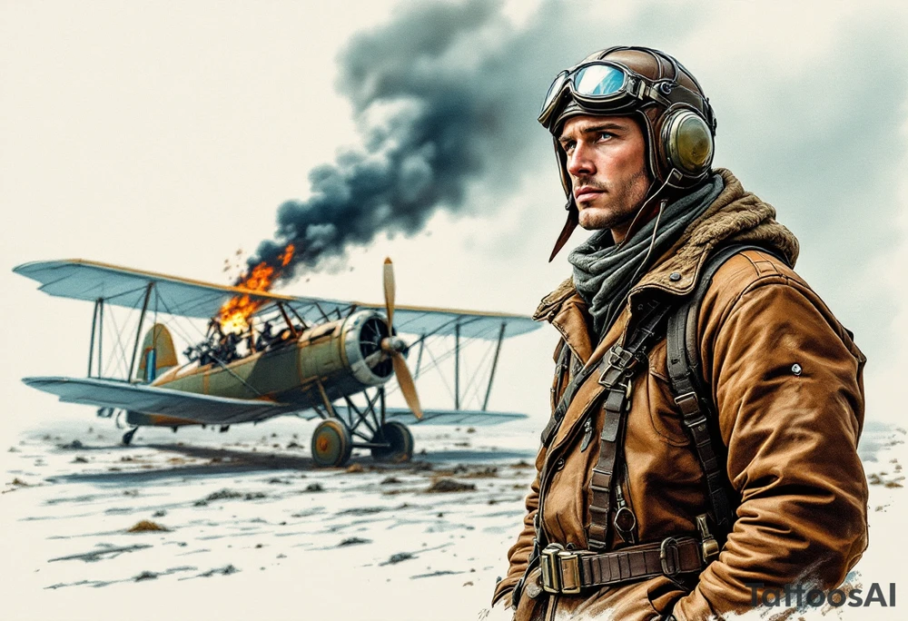 WWI Pilot Soldier – A soldier in a brown leather flying jacket and helmet, standing beside a biplane with muted blue and green colors, with smoke rising from a crashed enemy plane. tattoo idea
