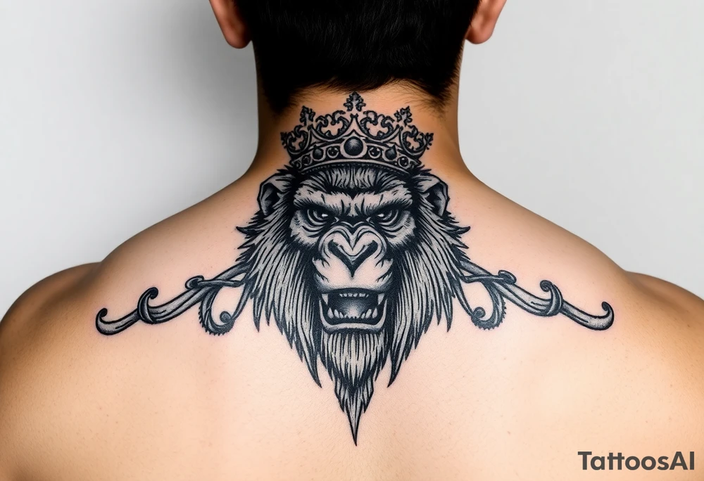 Powerful ape with crown and majestic features around it tattoo idea