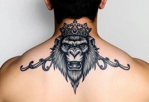 Powerful ape with crown and majestic features around it tattoo idea