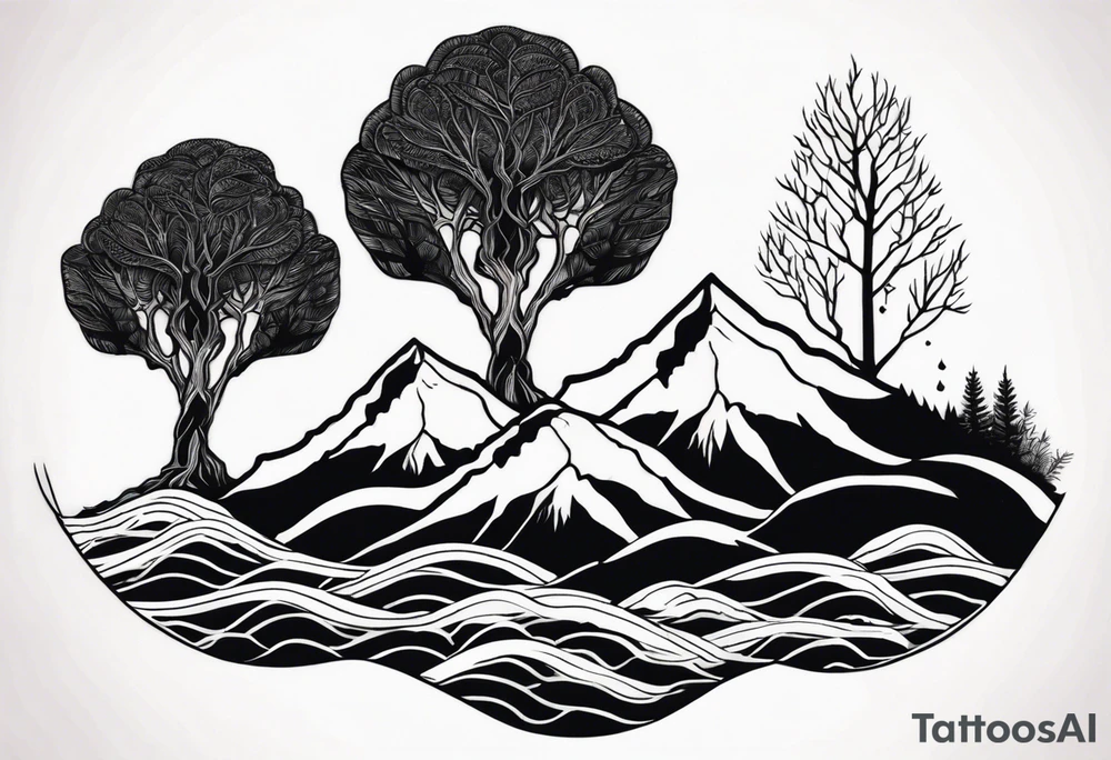 Three mountains three trees with roots tattoo idea