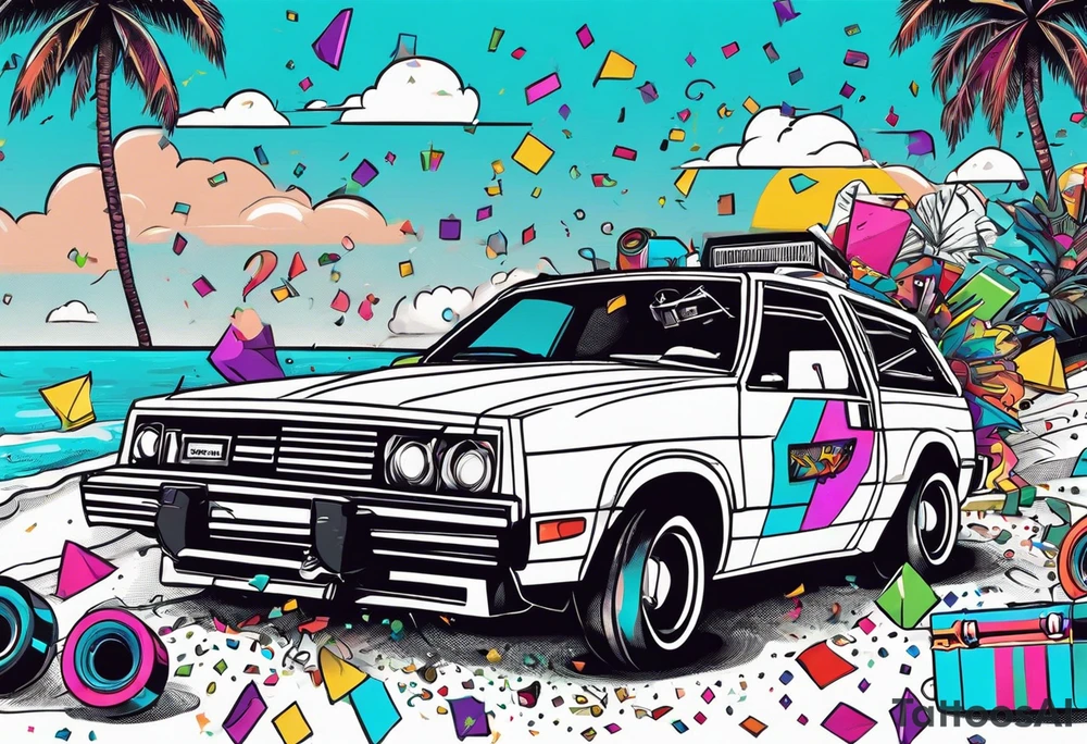 1980's style dance party with boom box and confetti in a beach theme. do not include cars tattoo idea