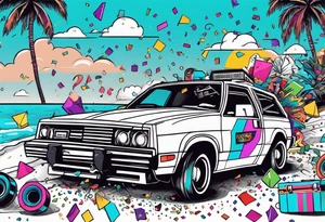 1980's style dance party with boom box and confetti in a beach theme. do not include cars tattoo idea