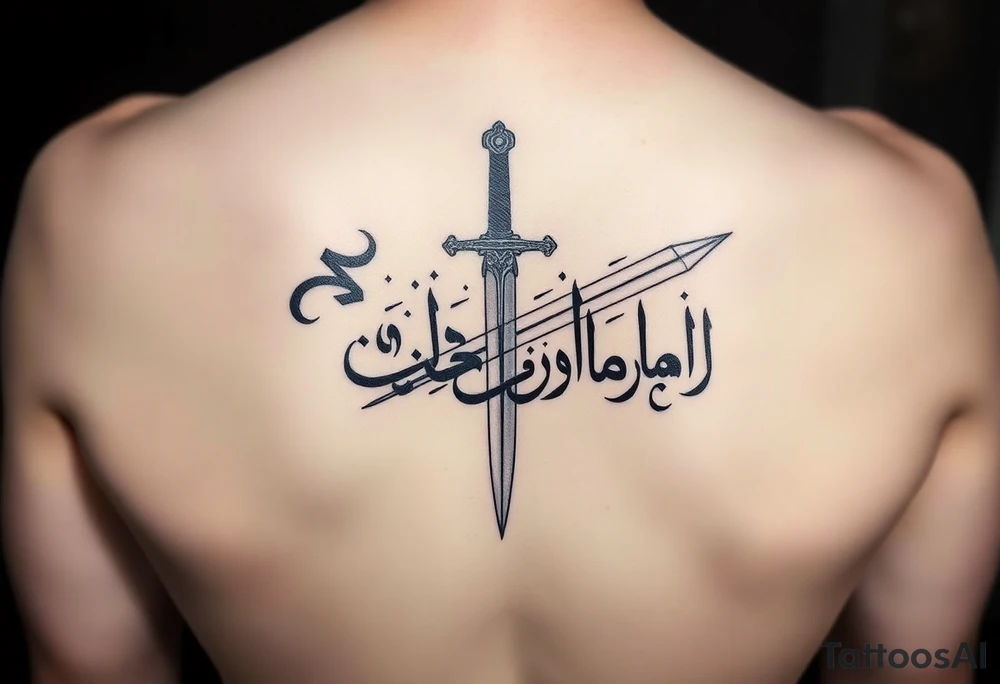 Arabian gothic style tattoo with a sword and looks middle eastern with Arabic writing tattoo idea