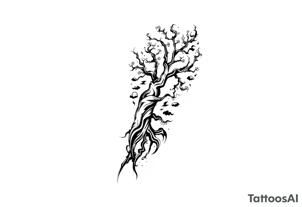 right arm sleeve, tree branch made of stone, clouds and lightning mixed throughout, tattoo idea